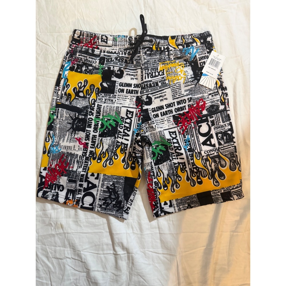 Fresh Prints of Bel Air Mens M M Newspaper Flame Graphic‎ Shorts NWOT